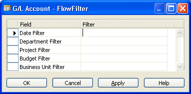 G/L Account FlowFilter window